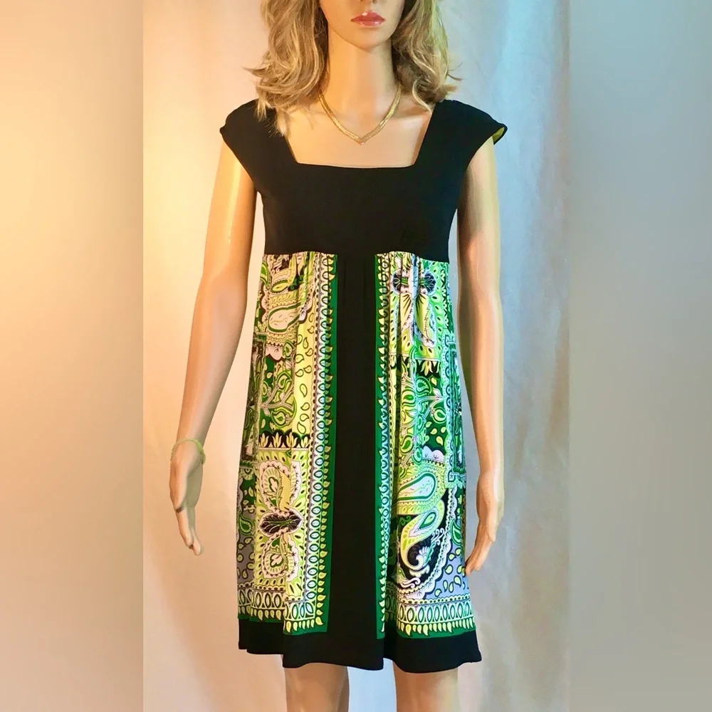 LONDON TIMES Black Green empire waist minidress Short sleeve Square neckline S6 - Picture 3 of 13